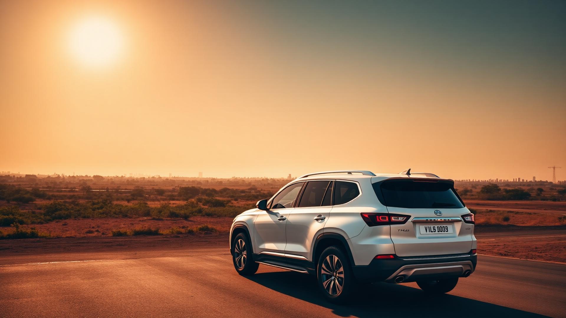 Voiture de location sur une route au Mali au coucher du soleil